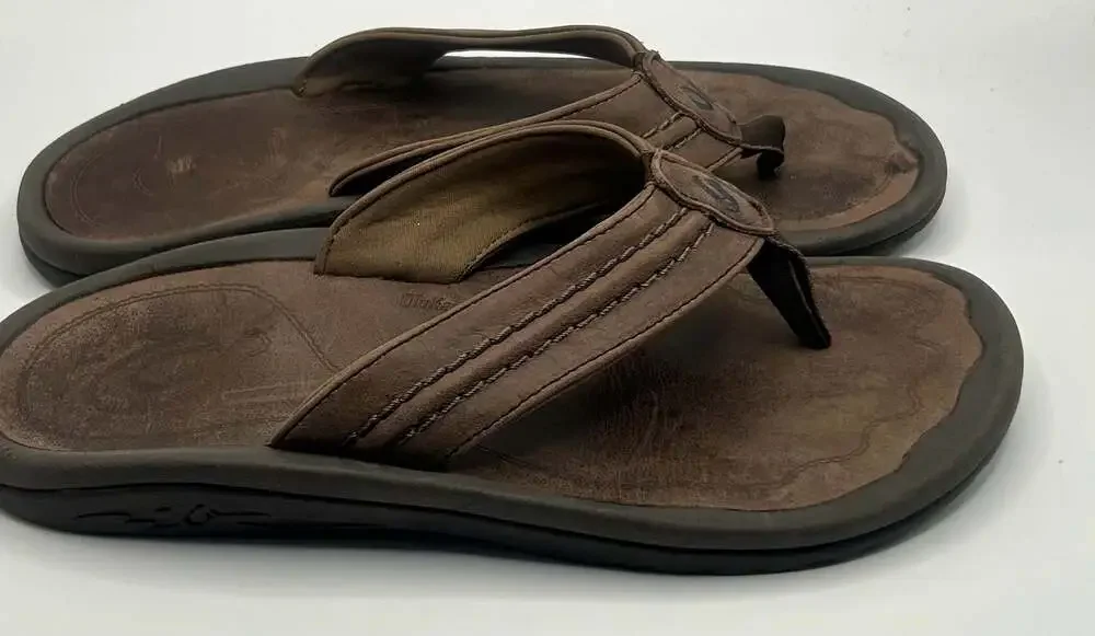 Olukai Hokua Men's Leather Flip Flops Sandals Brown Size 10